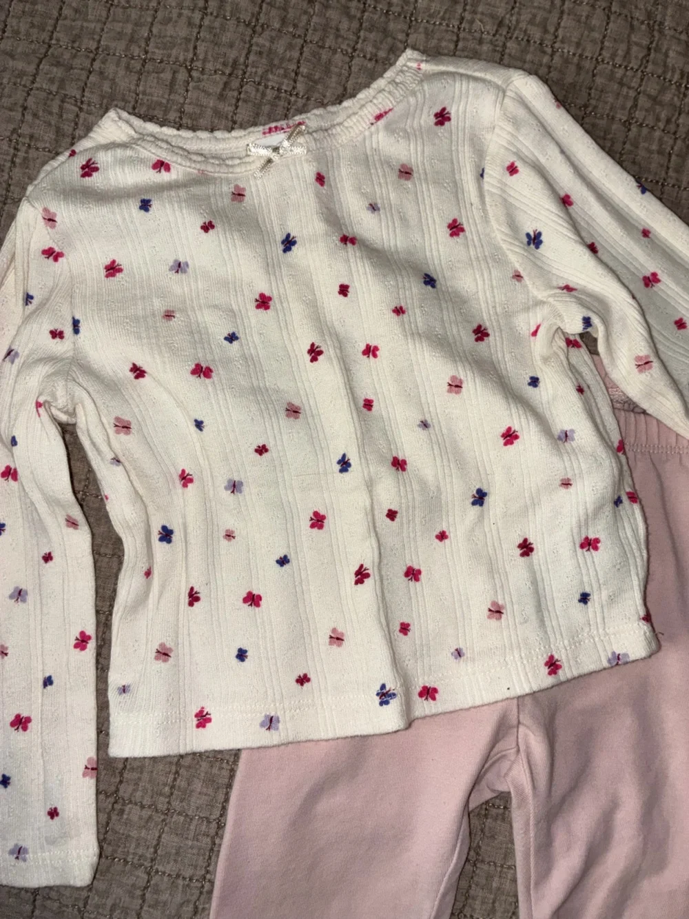 GAP White Ribbed Top with Pink & Purple Floral Dots and Pink Leggings Pajama Set